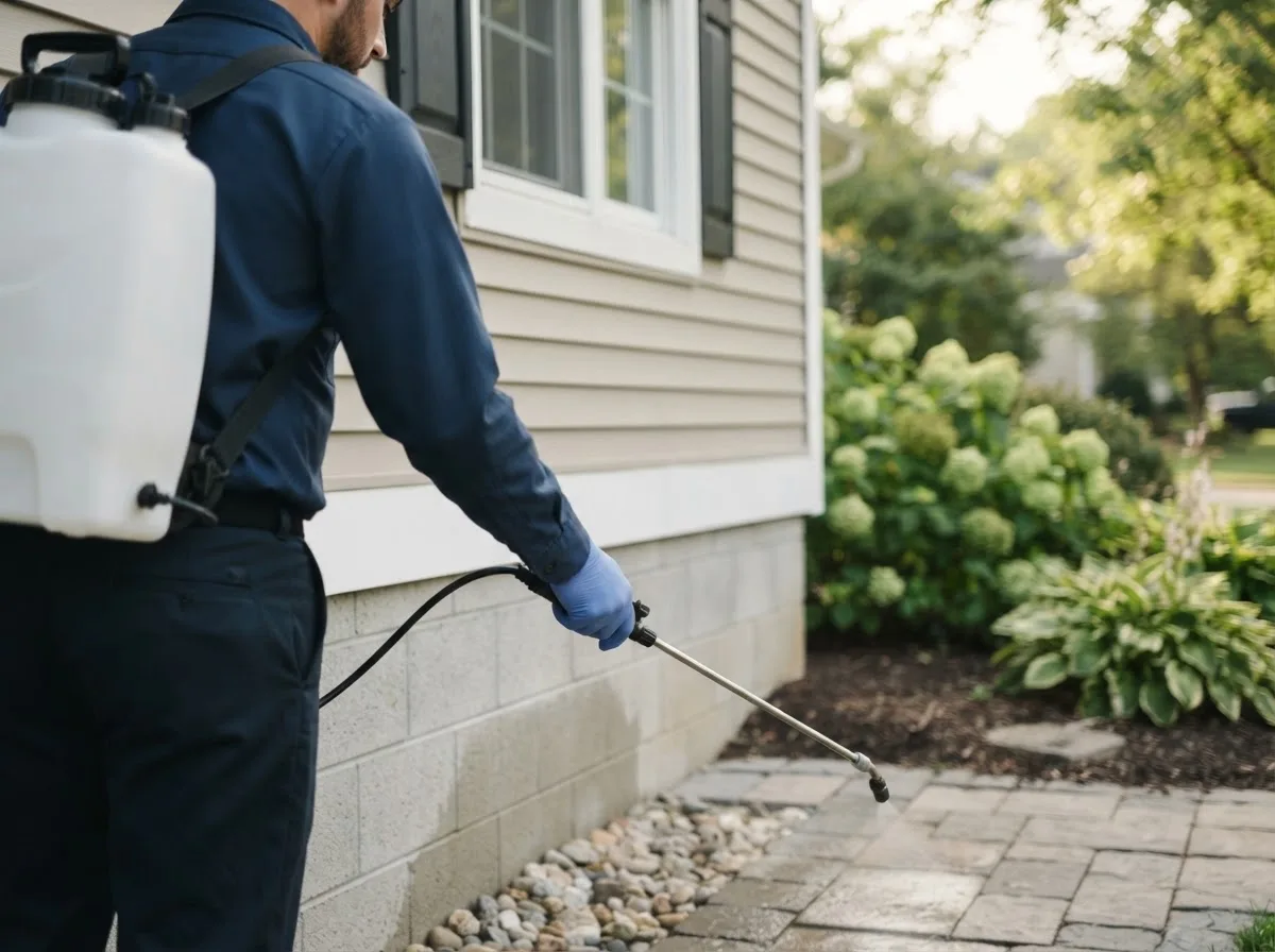 Pest control technician inspecting a home in Tunas, MO